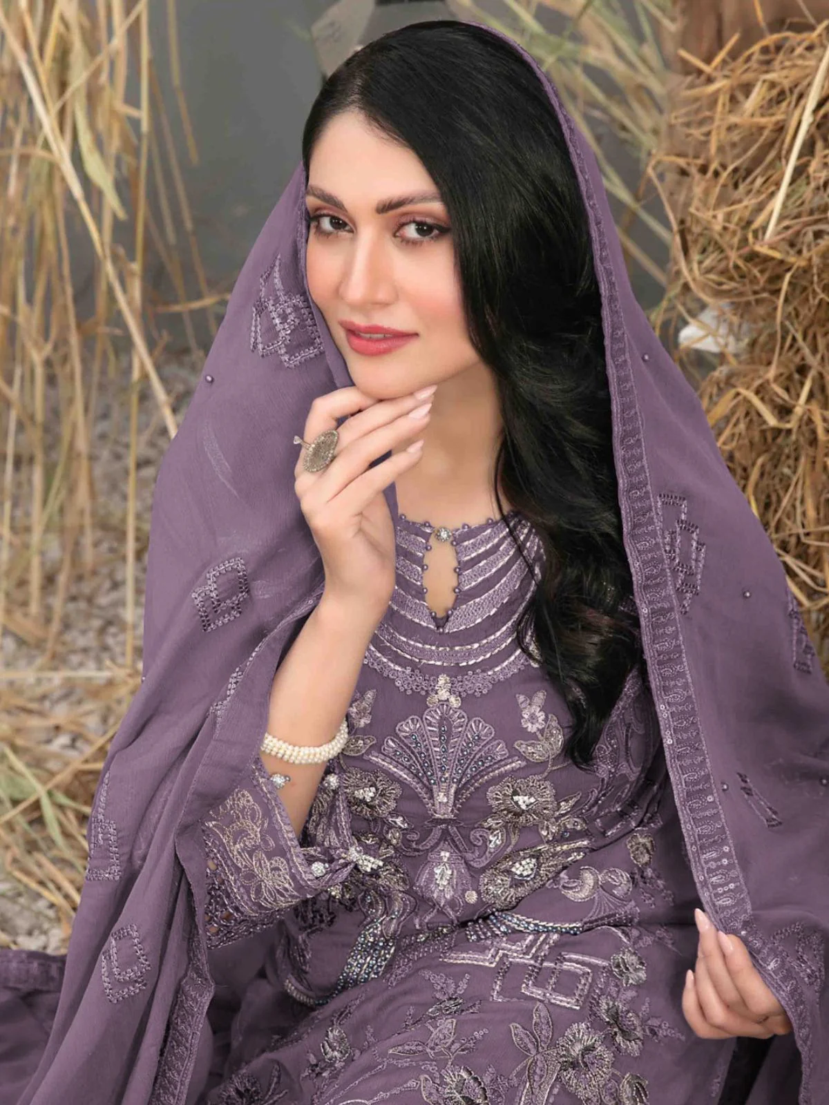 Odette Purple Georgette  Embroidered Semi-Stitched Kurta Set For Women - Image 2