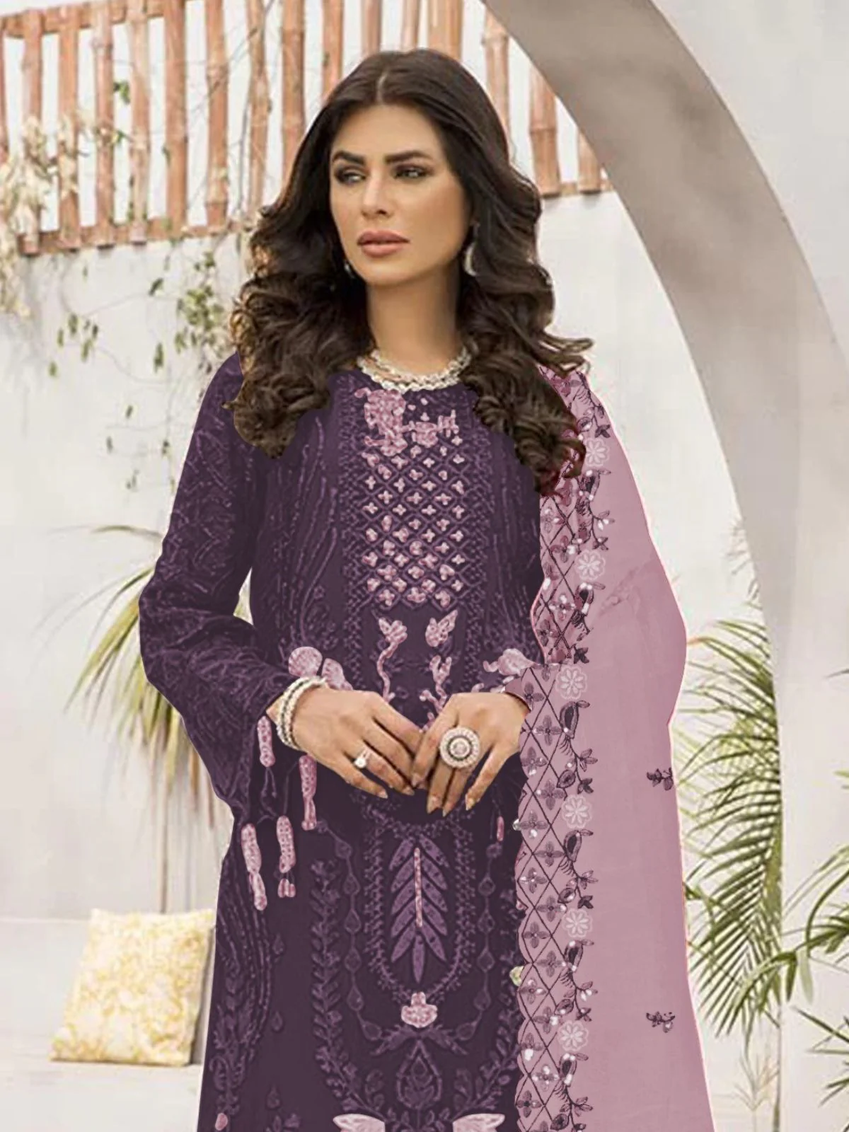 Odette Purple Georgette Embroidered Semi-Stitched Kurta Set For Women - Image 2
