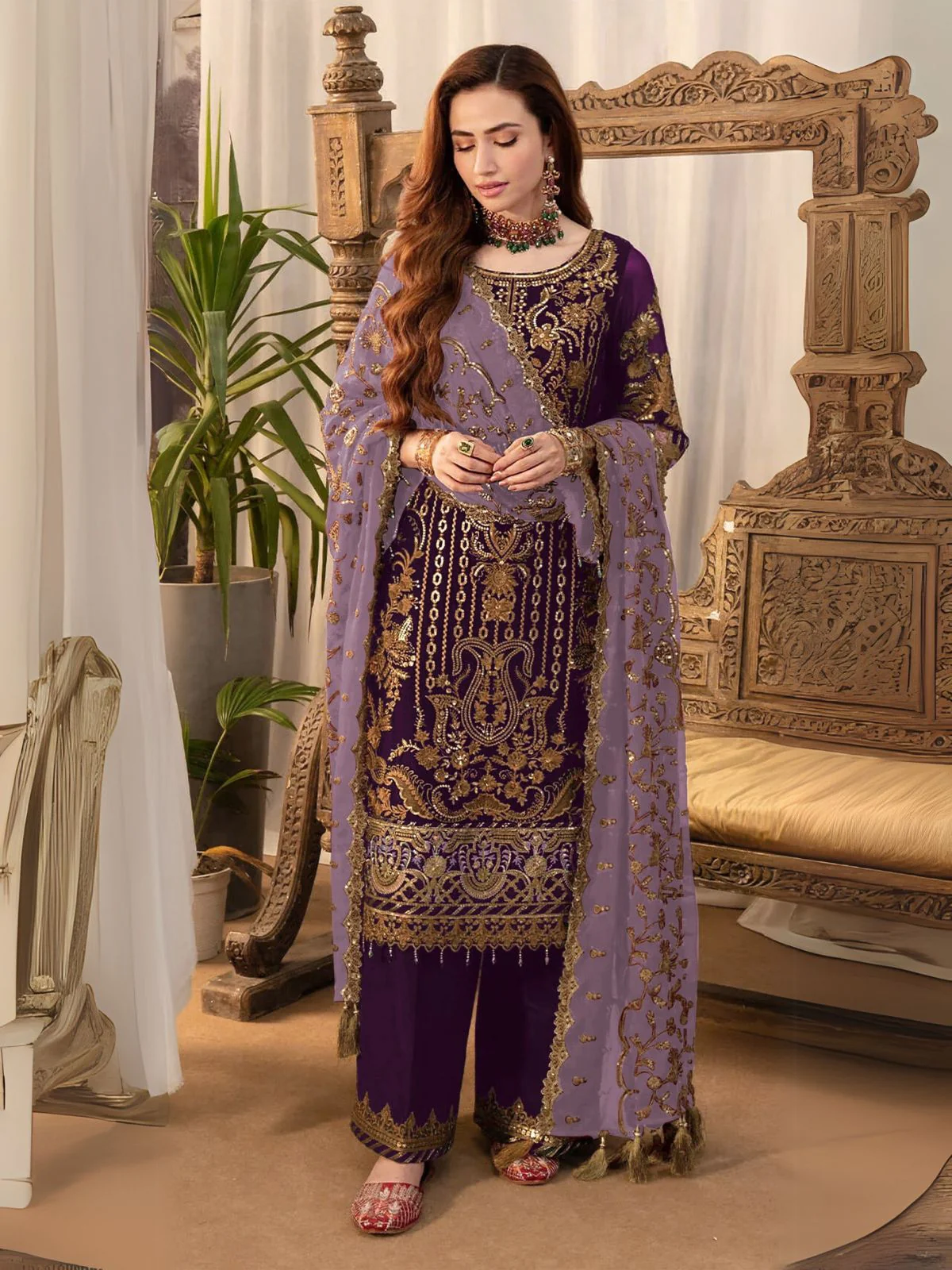 Odette Purple Georgette Embroidered Semi-Stitched Kurta Set For Women