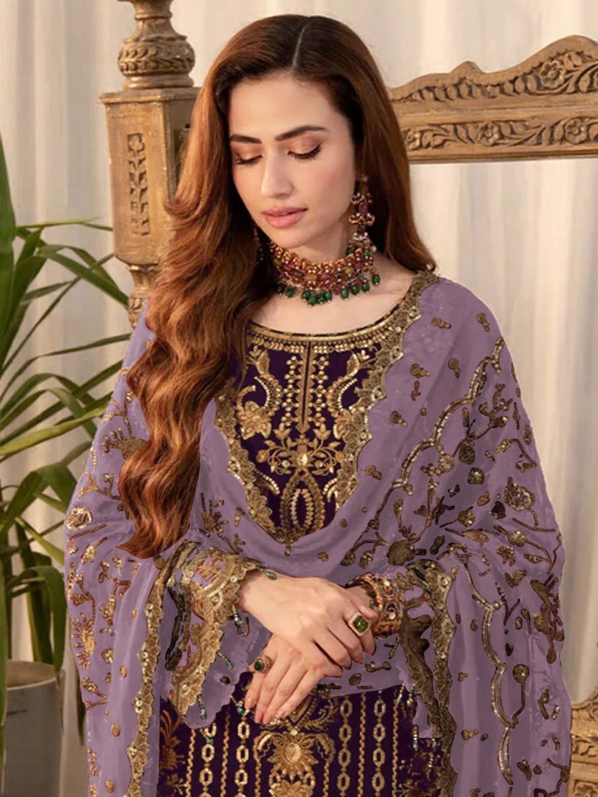Odette Purple Georgette Embroidered Semi-Stitched Kurta Set For Women - Image 2