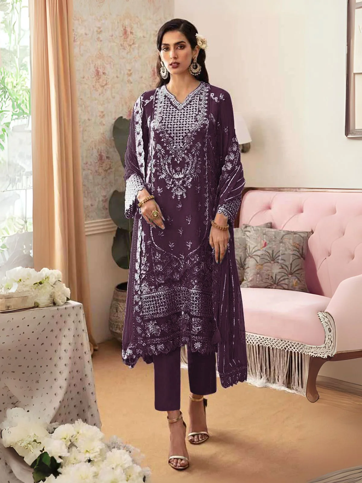 Odette Purple Georgette Embroidered Semi-Stitched Kurta Set For Women