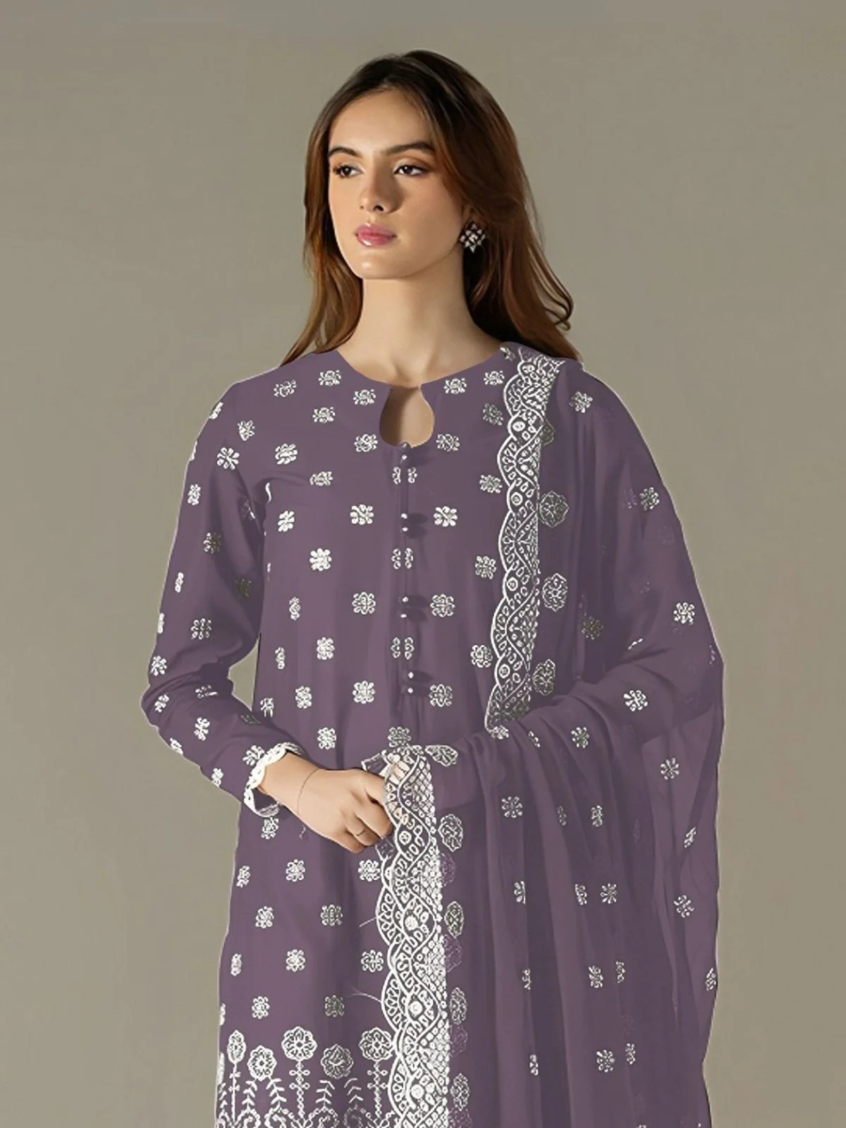Odette Purple Georgette Embroidered Semi Stitched Kurta Set For Women - Image 2