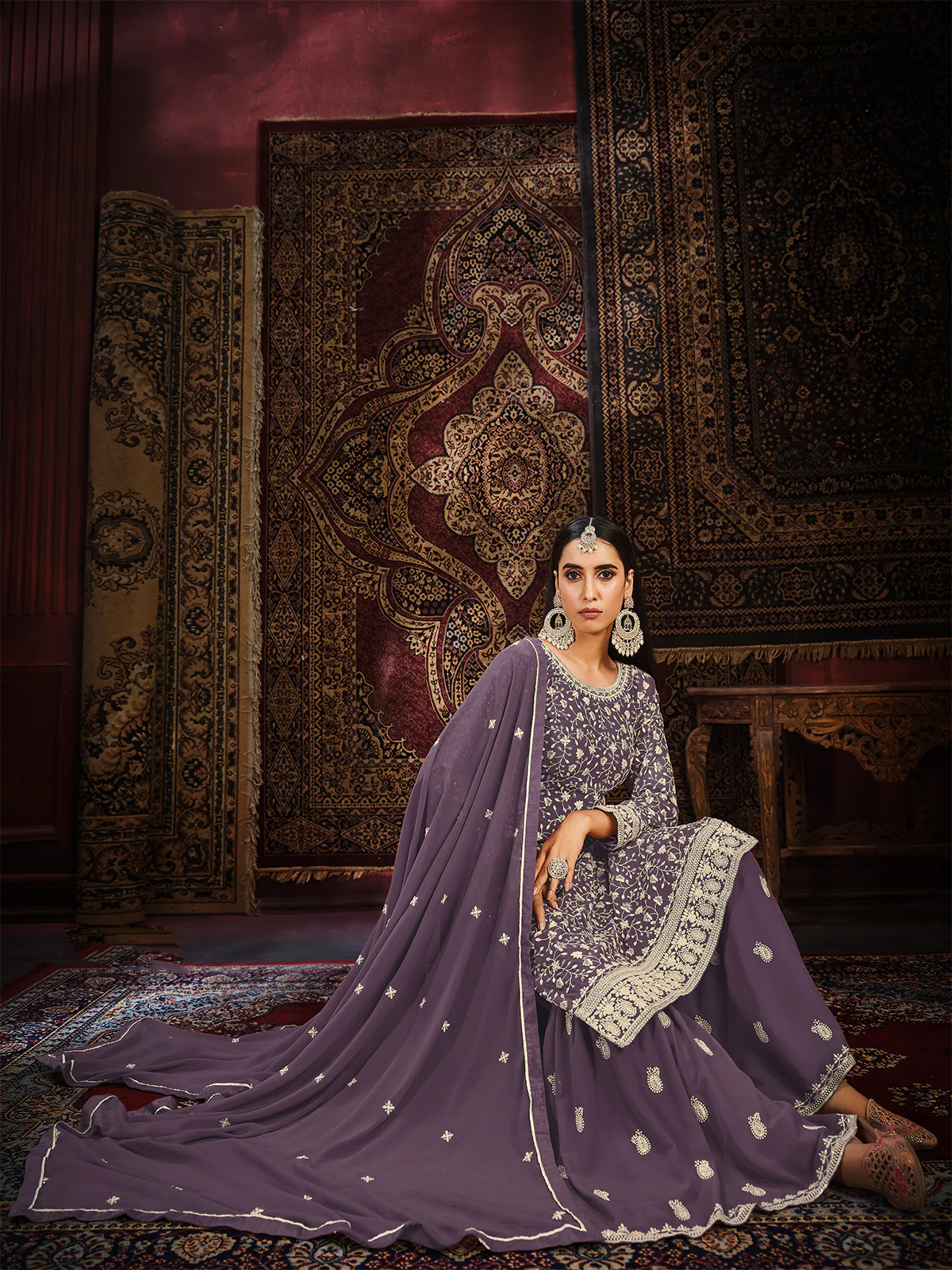 Odette Purple Georgette Embroidered Semi stitched Kurta Set with Inner For Women - Image 3