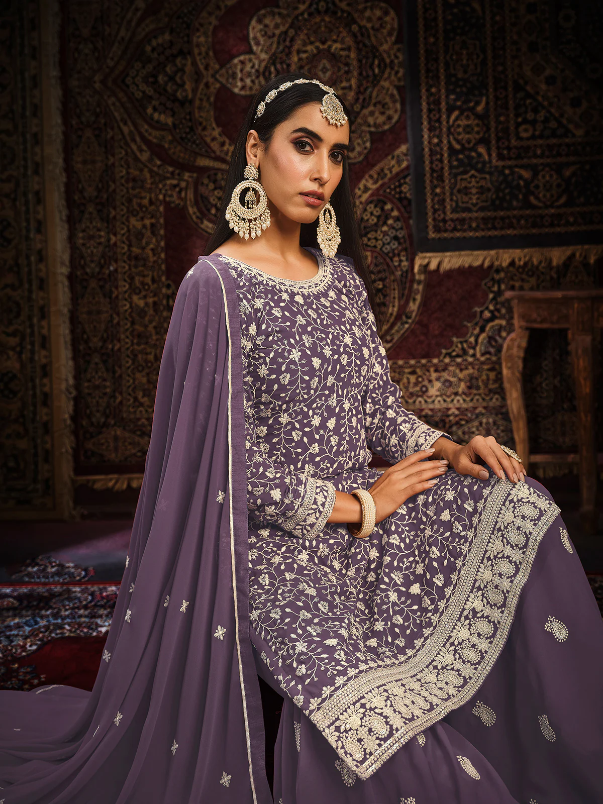 Odette Purple Georgette Embroidered Semi stitched Kurta Set with Inner For Women - Image 4