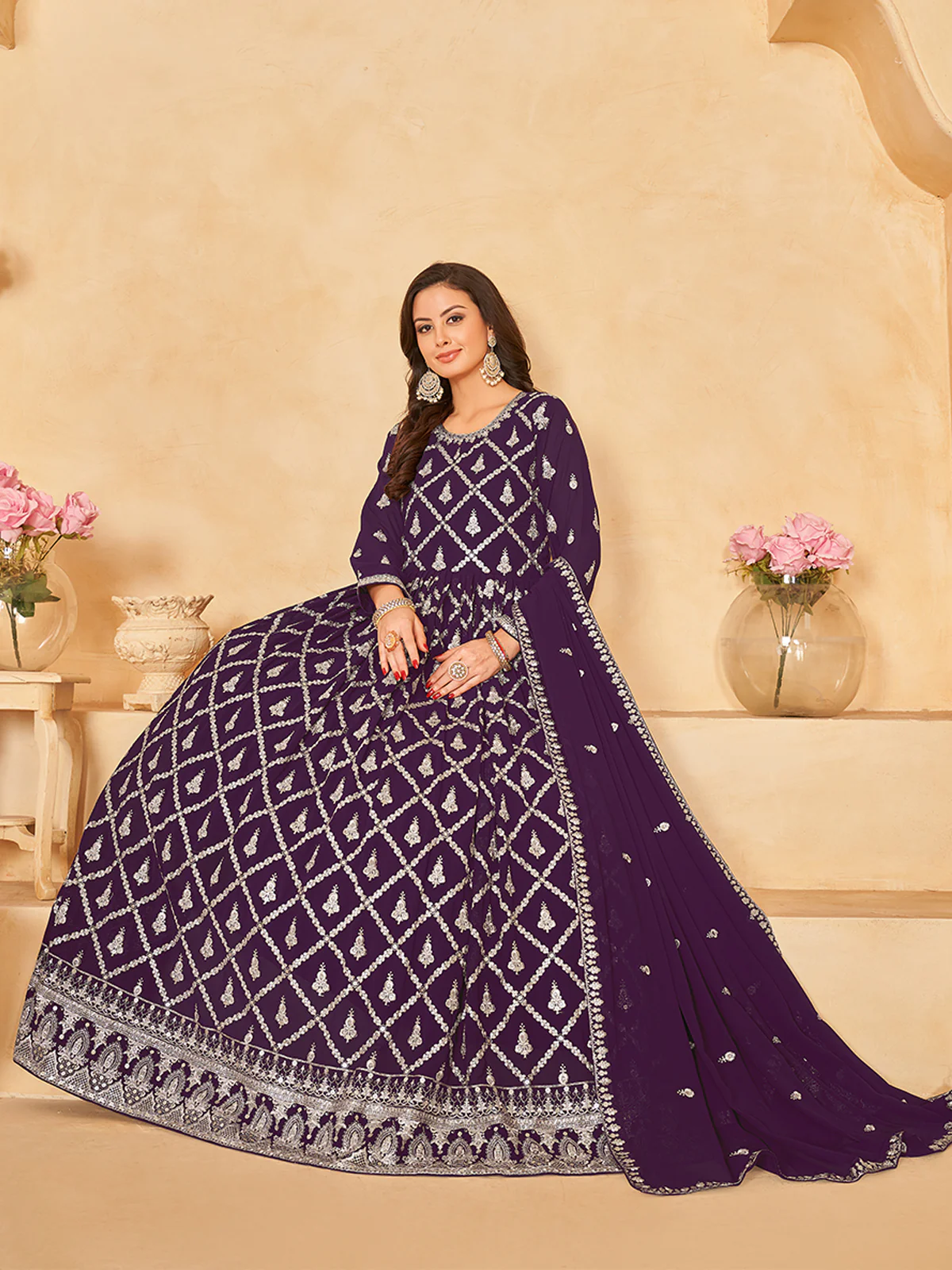Odette Purple Georgette Embroidered Semi stitched Kurta Set with Inner For Women - Image 2