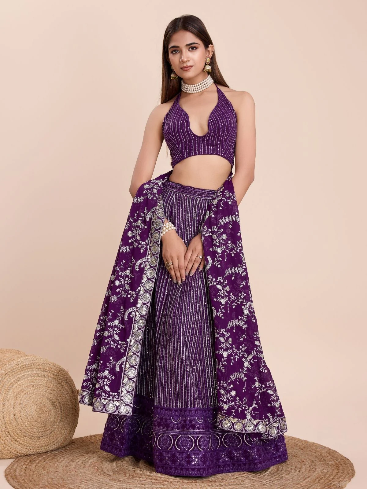 Odette Purple Georgette Embroidered Semi-Stitched Lehenga For Women - Image 2
