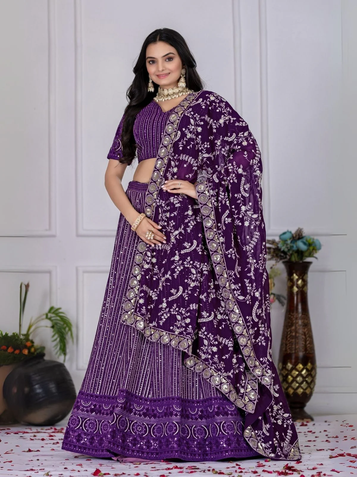 Odette Purple Georgette Embroidered Semi-Stitched lehenga For Women - Image 2