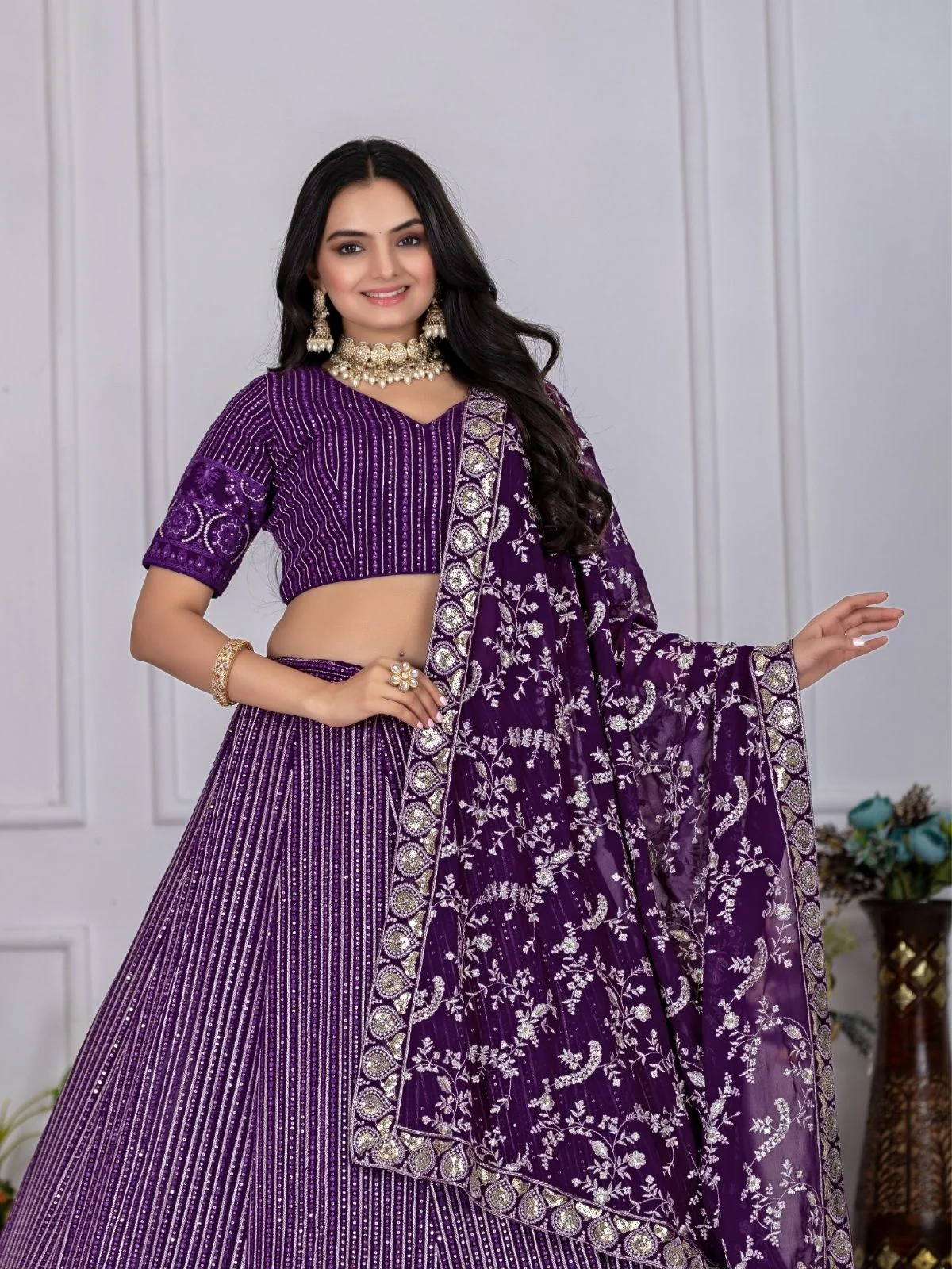 Odette Purple Georgette Embroidered Semi-Stitched lehenga For Women - Image 4