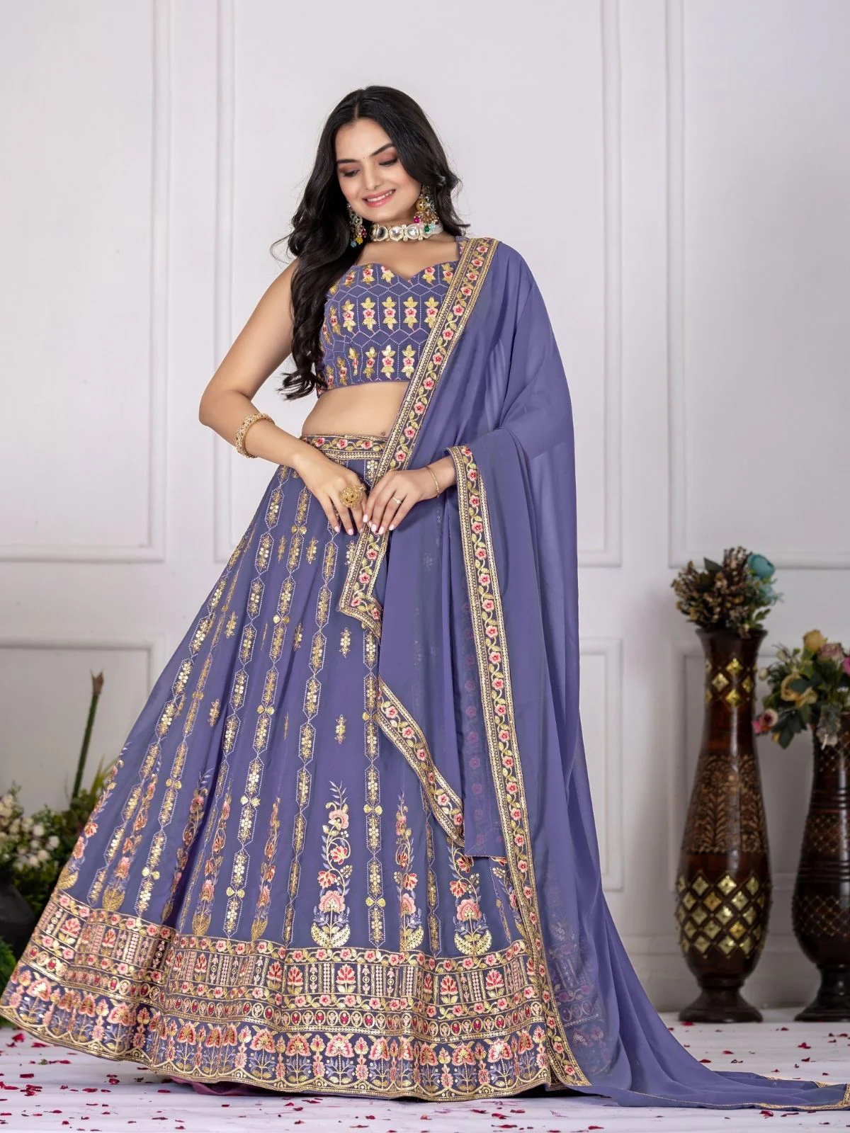 Odette Purple Georgette Embroidered Semi-Stitched lehenga For Women - Image 4