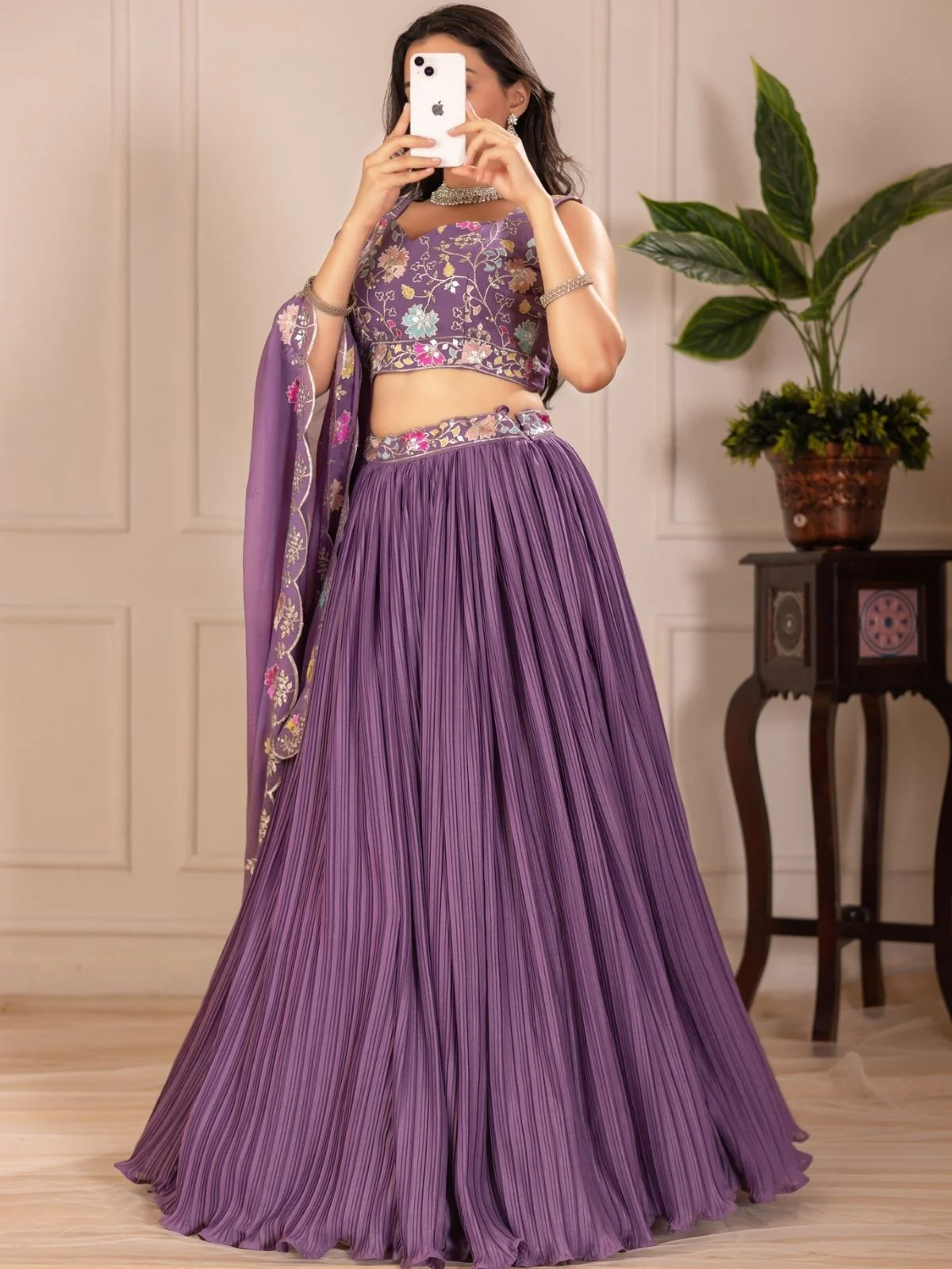 Odette Purple Georgette Embroidered Semi-Stitched lehenga For Women - Image 2