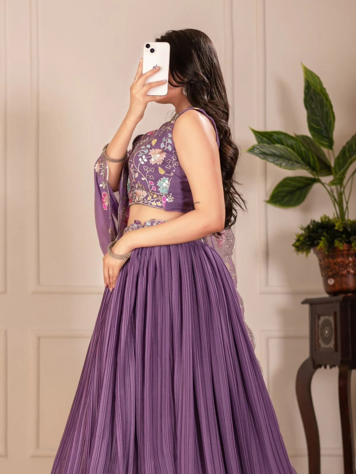 Odette Purple Georgette Embroidered Semi-Stitched lehenga For Women - Image 3