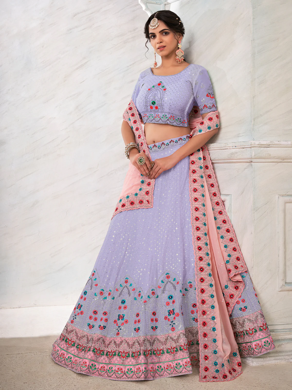 Odette Purple Georgette Embroidered Semi Stitched Lehenga With Unstitched Blouse for Women - Image 2