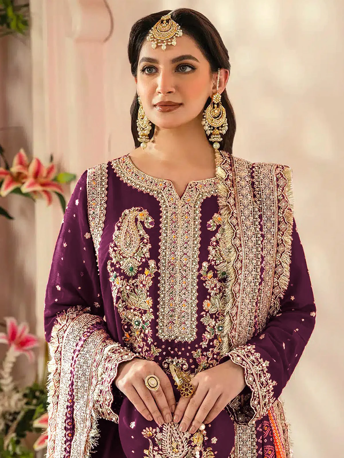 Odette Purple Georgette Embroidered Semi Stitched Salwar Suit For Women - Image 2