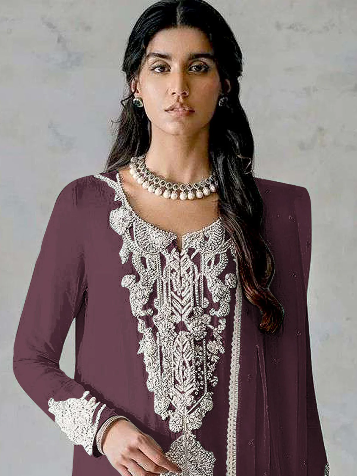 Odette Purple Georgette Embroidered Semi Stitched Salwar Suit For Women - Image 2