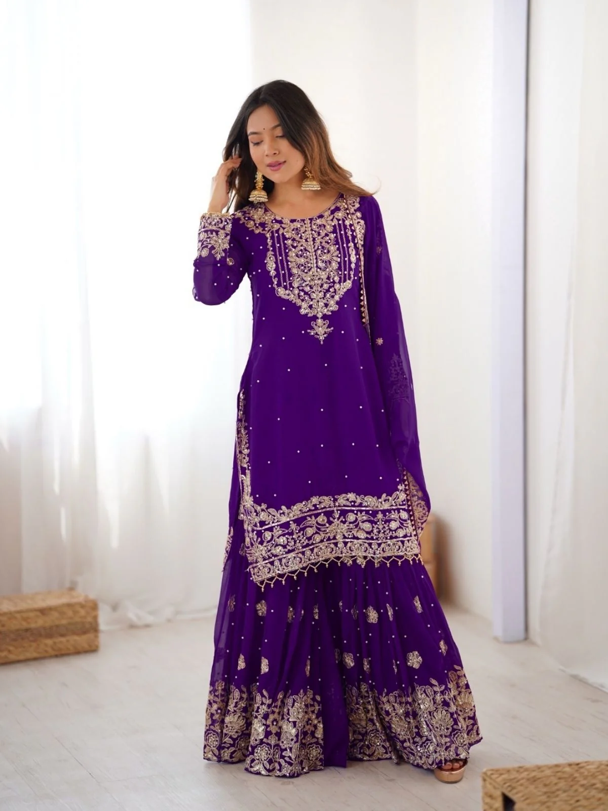 Odette Purple Georgette Embroidered Stitched Kurta Set For Women - Image 2