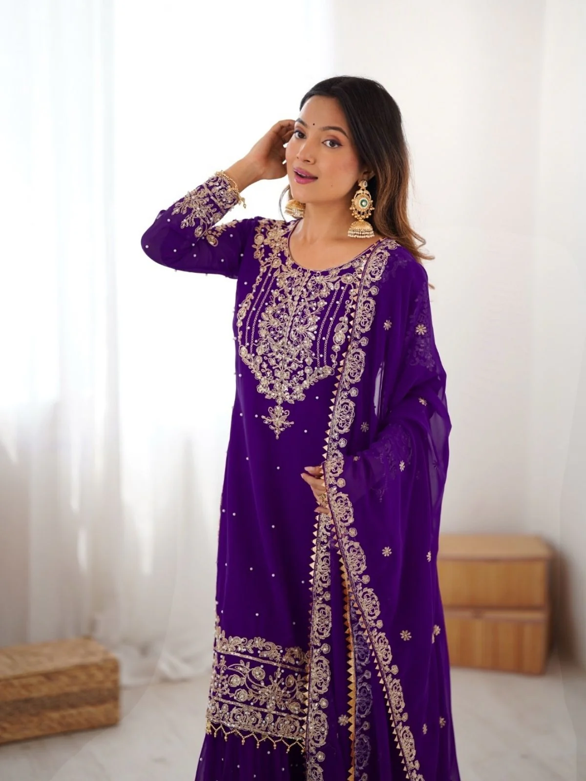 Odette Purple Georgette Embroidered Stitched Kurta Set For Women - Image 6