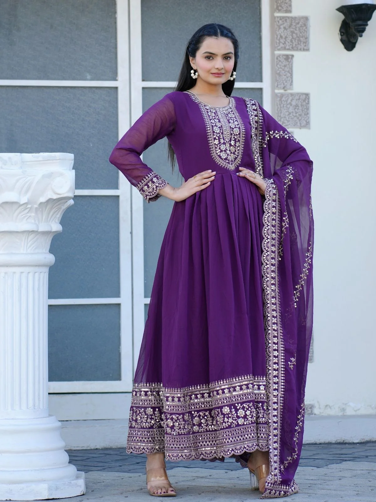 Odette Purple Georgette Embroidered Stitched Kurta Set For Women - Image 2