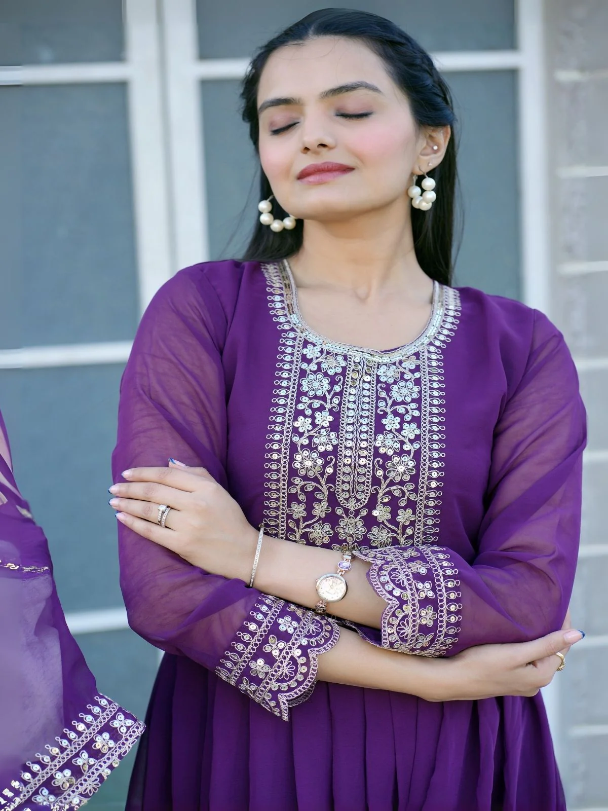 Odette Purple Georgette Embroidered Stitched Kurta Set For Women - Image 3