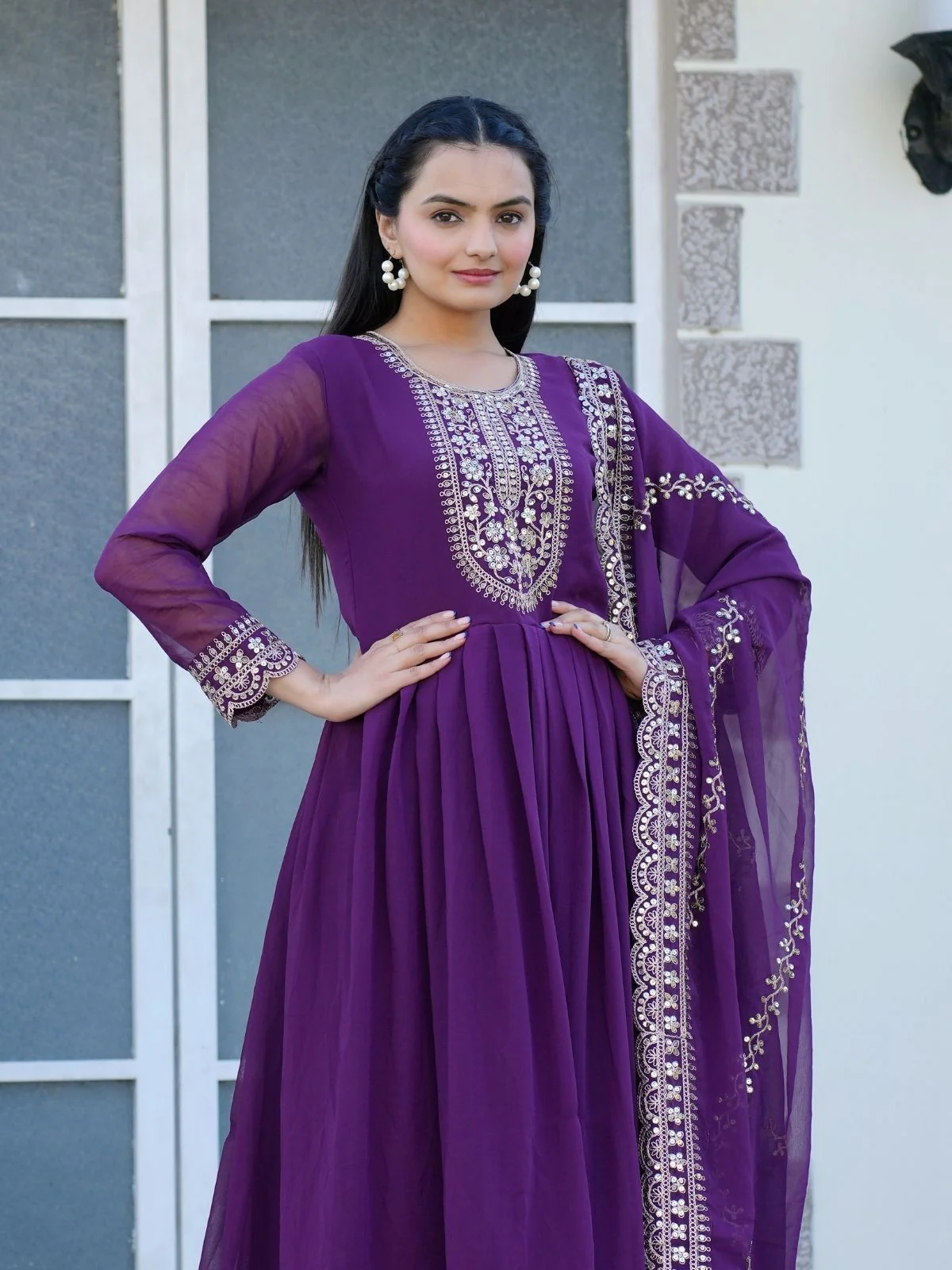 Odette Purple Georgette Embroidered Stitched Kurta Set For Women - Image 4