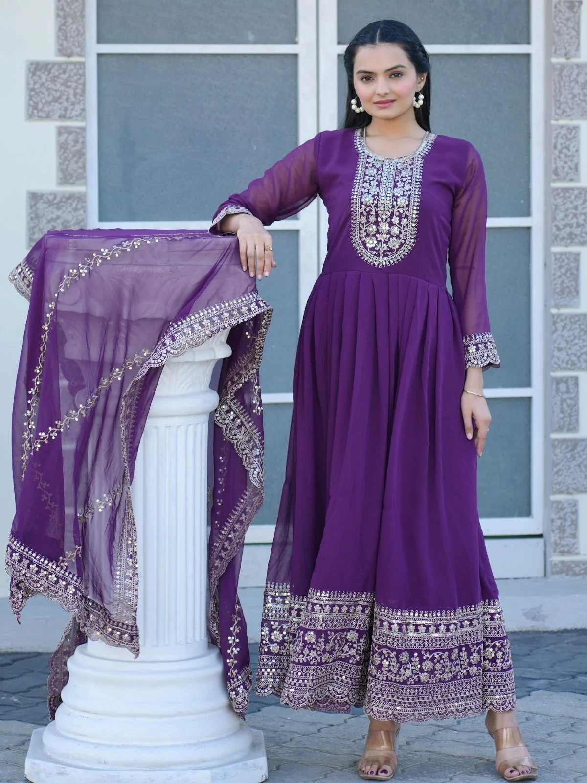 Odette Purple Georgette Embroidered Stitched Kurta Set For Women - Image 6