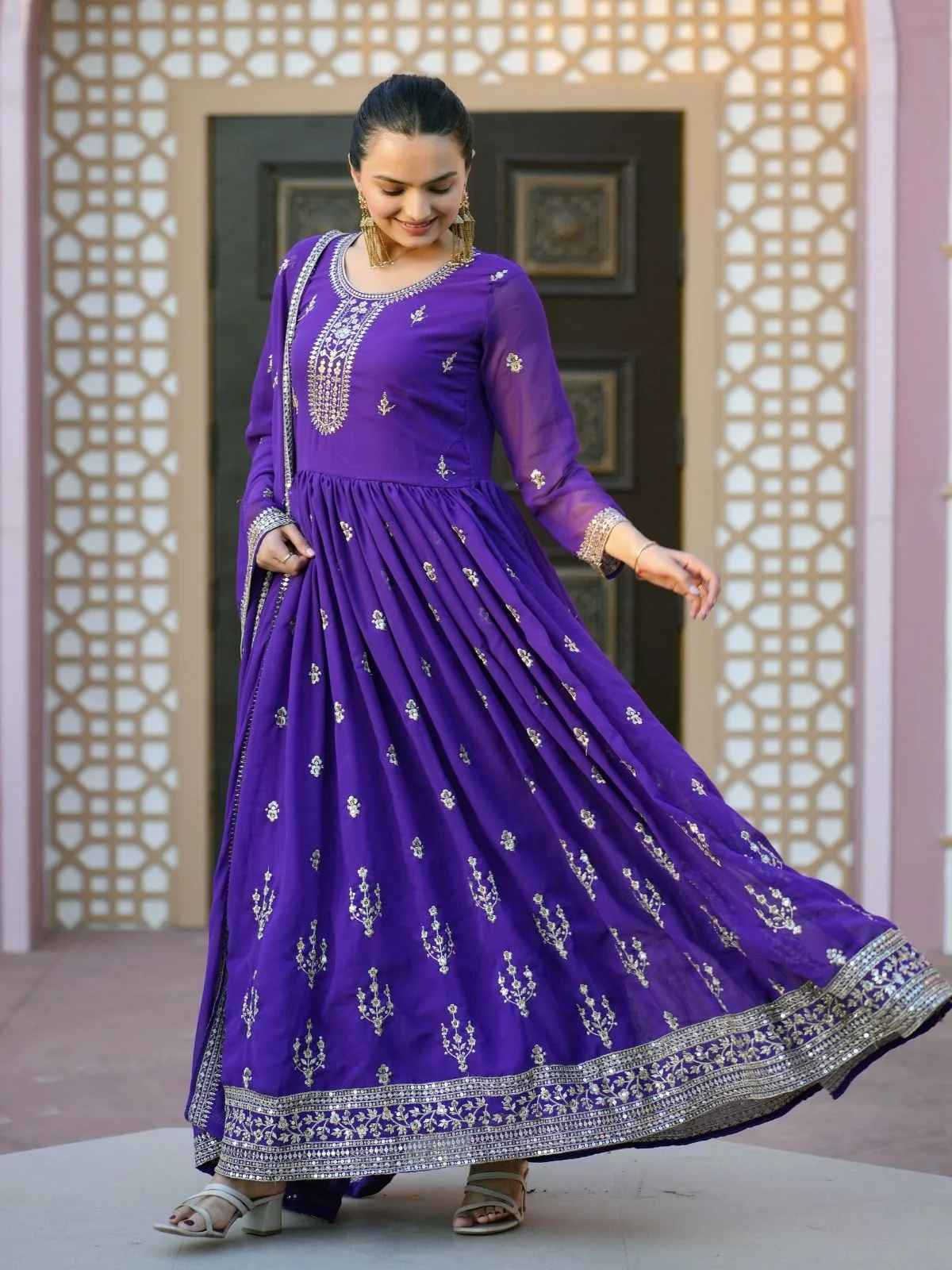 Odette Purple Georgette Embroidered Stitched Kurta Set For Women - Image 2
