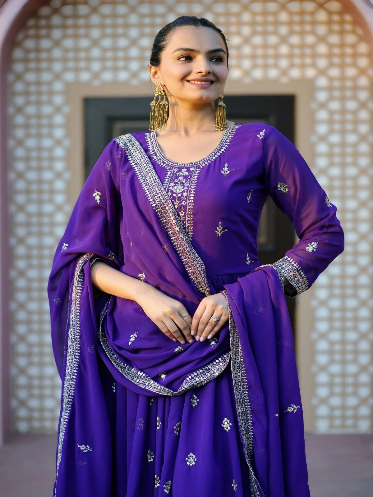 Odette Purple Georgette Embroidered Stitched Kurta Set For Women - Image 3