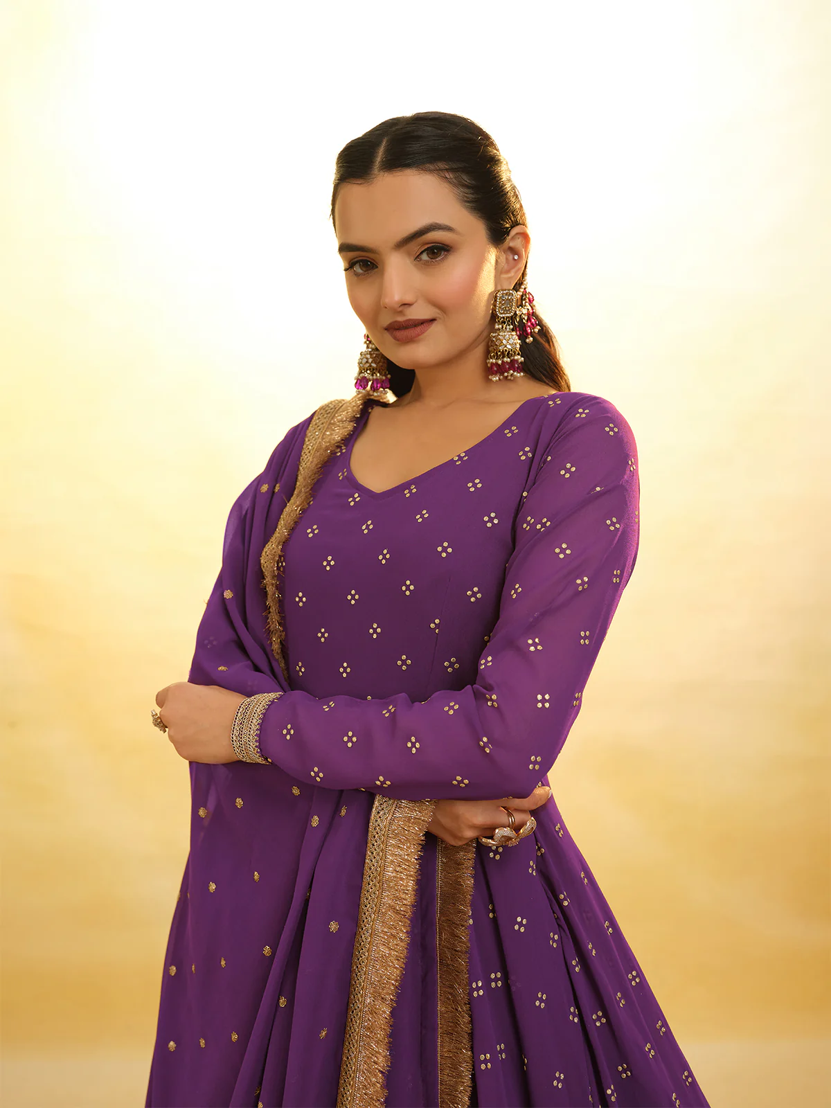 Odette Purple Georgette Embroidery Stitched Salwar Suit Set For Women - Image 5