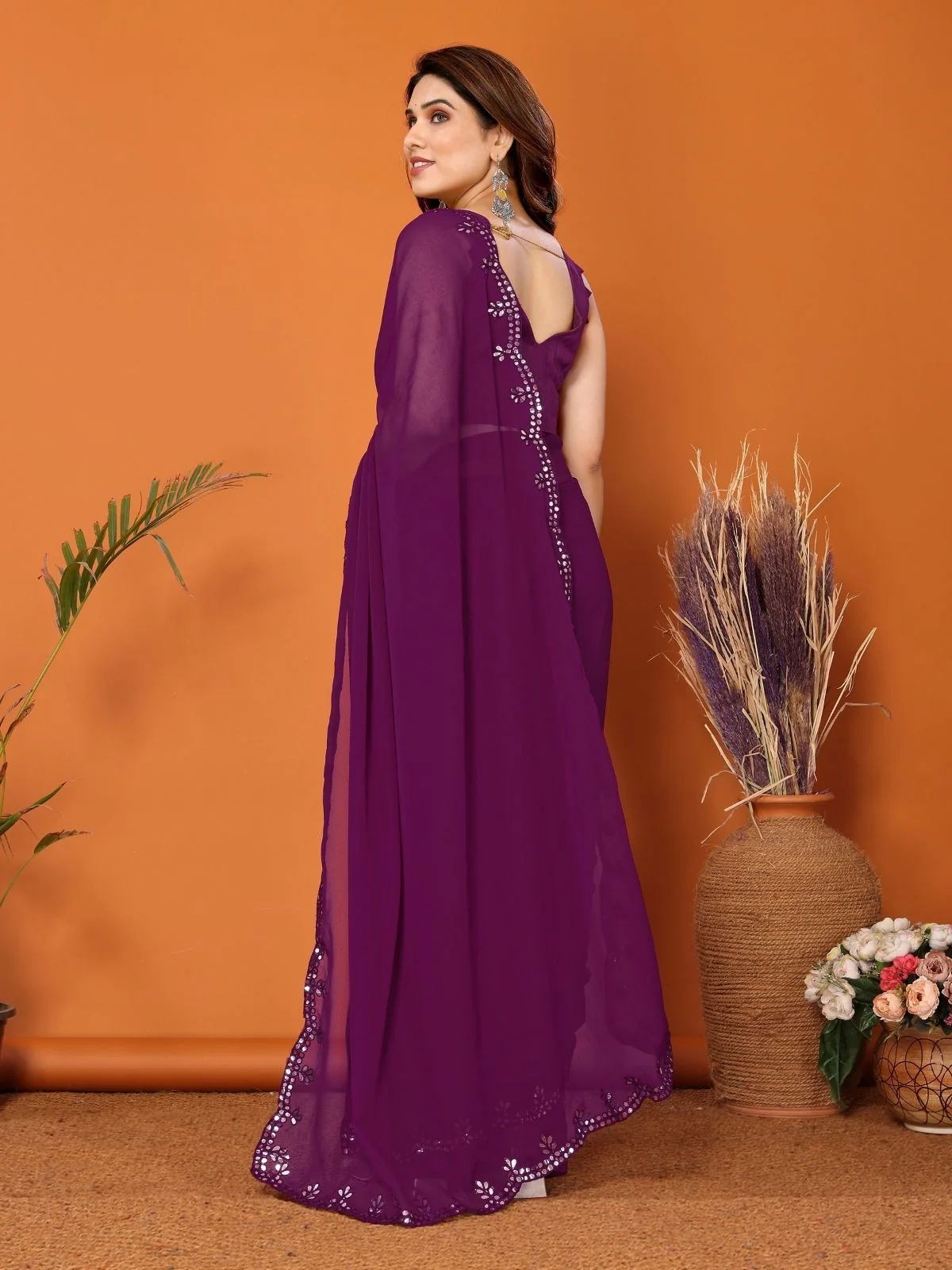 Odette Purple Georgette Embroidered  Saree For Women - Image 3