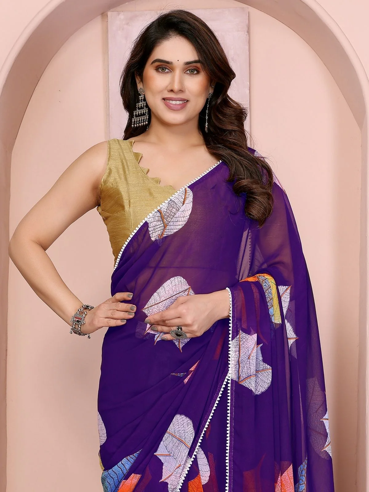 Odette Purple Georgette Printed Saree For Women - Image 4