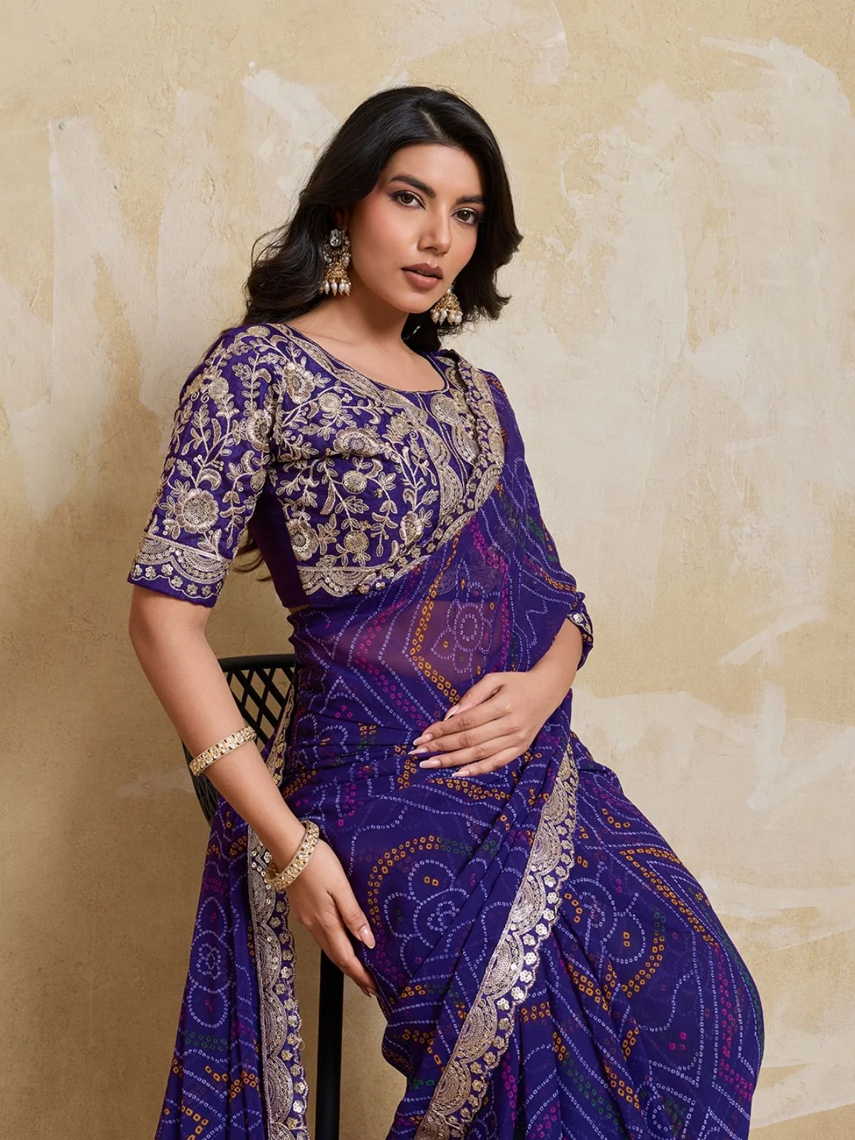 Odette Purple Georgette Printed Saree For Women - Image 4