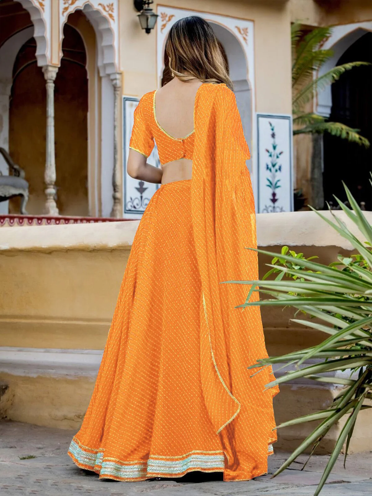 Odette Yellow Georgette Printed Semi Stitched Lehenga With Unstitched Blouse For Women - Image 4