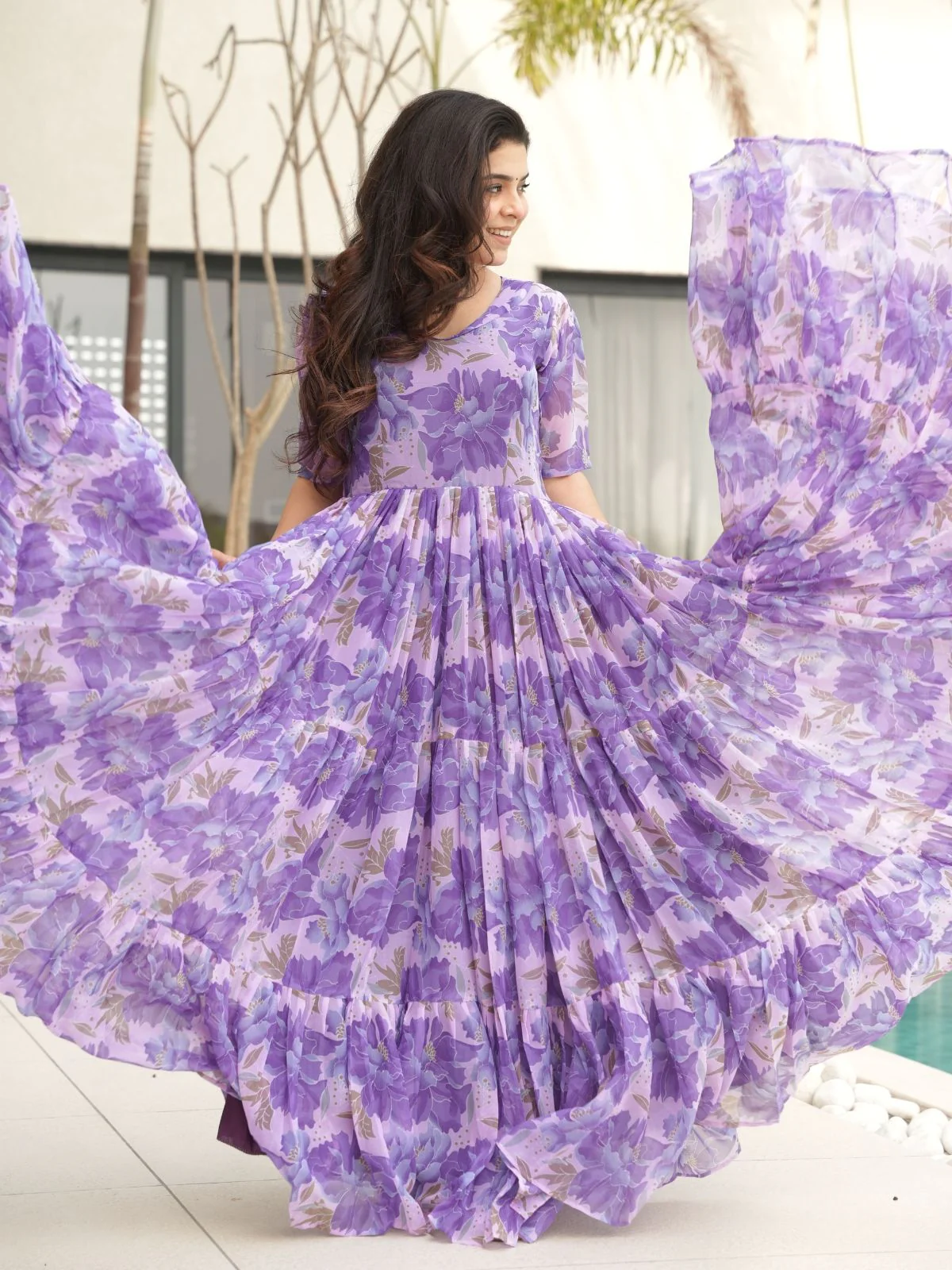 Odette Purple Georgette Printed Stitched Gown For Women - Image 3