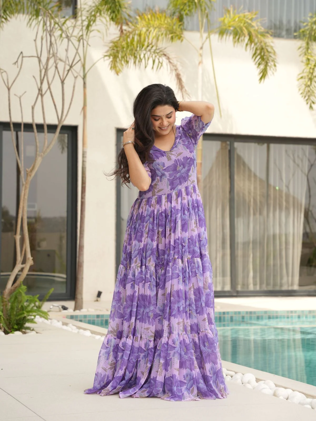 Odette Purple Georgette Printed Stitched Gown For Women - Image 4