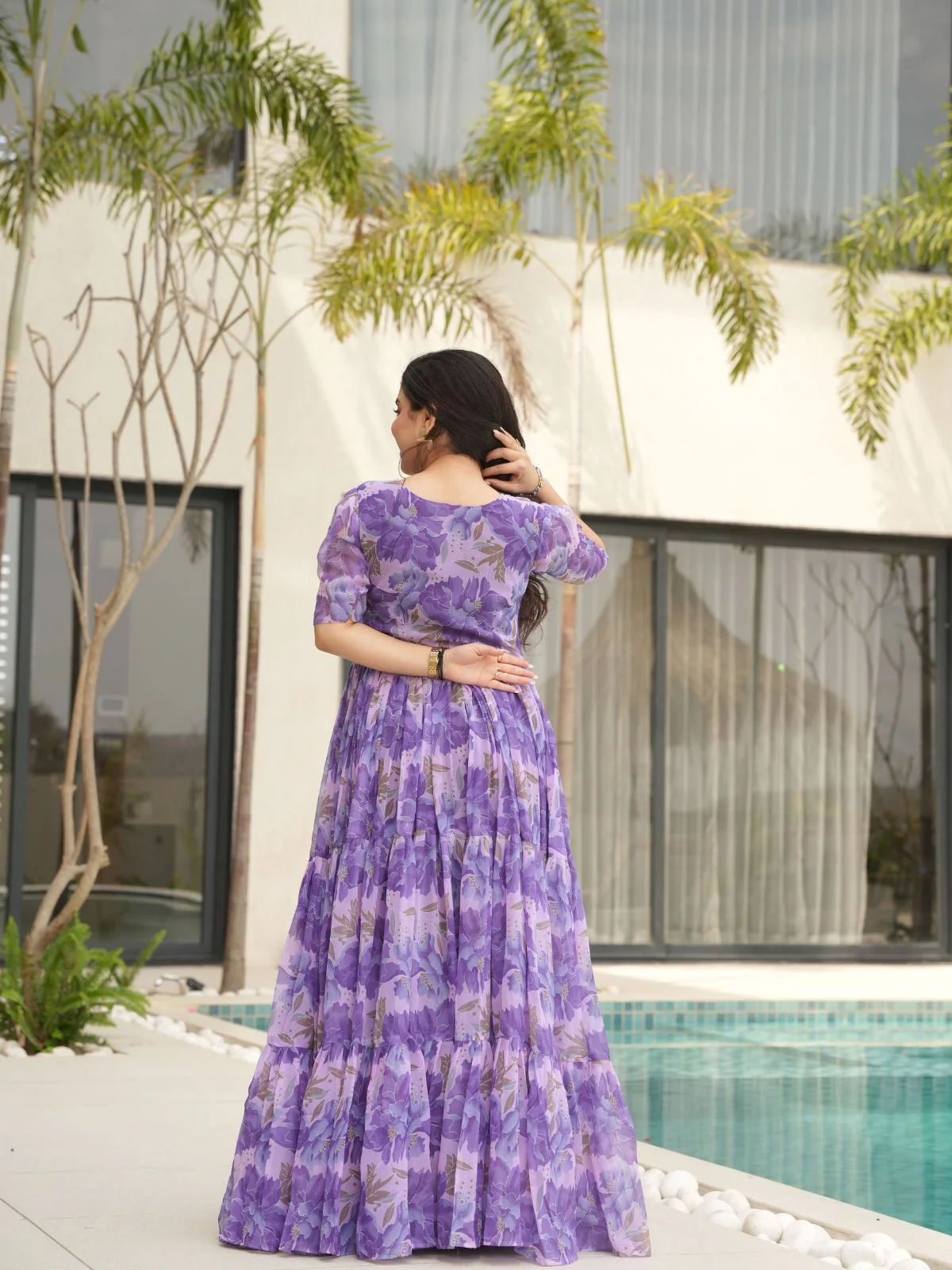 Odette Purple Georgette Printed Stitched Gown For Women - Image 5