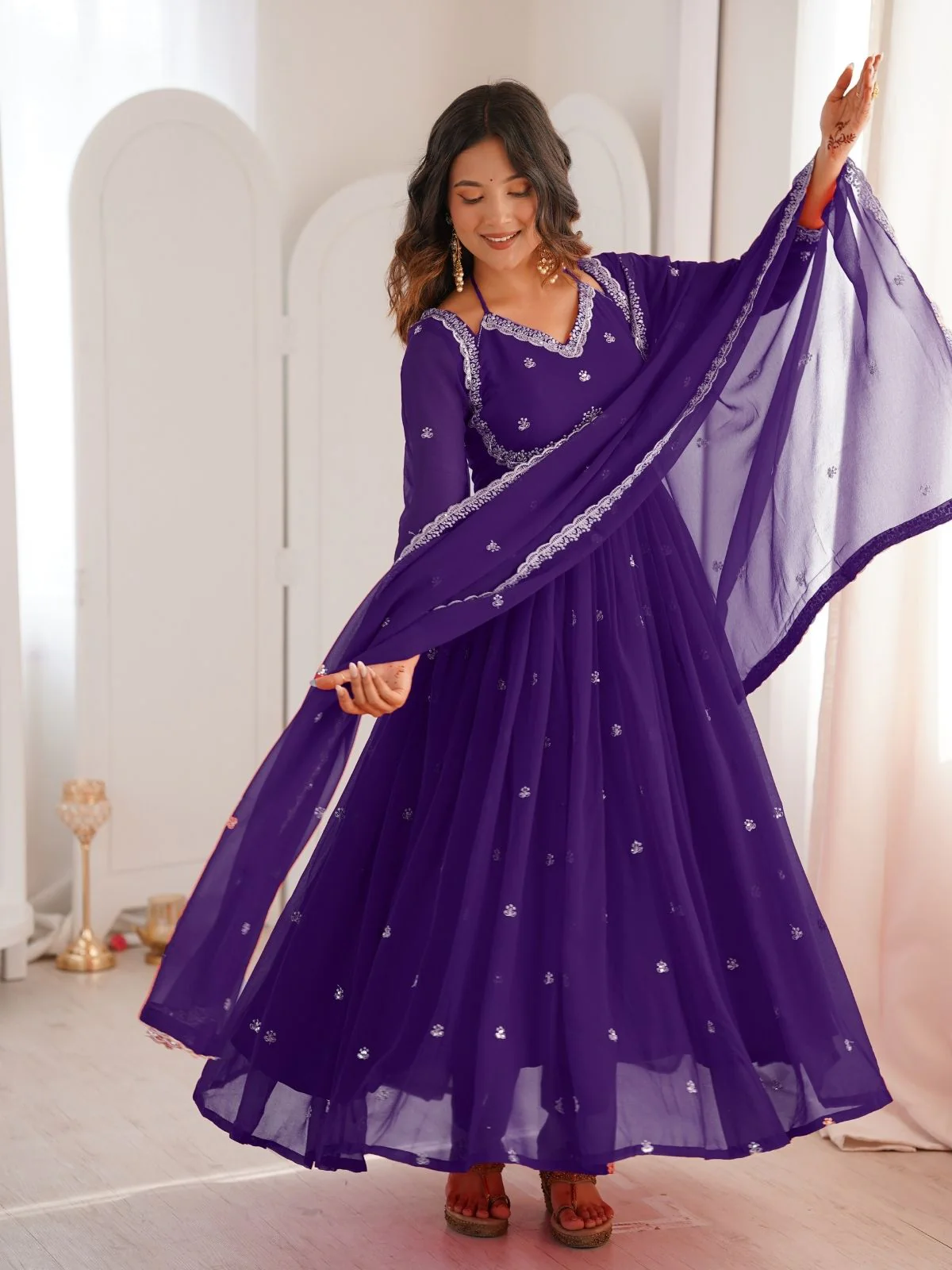 Odette Purple Georgette Sequins Embroidered Stitched Kurta Set For Women - Image 2