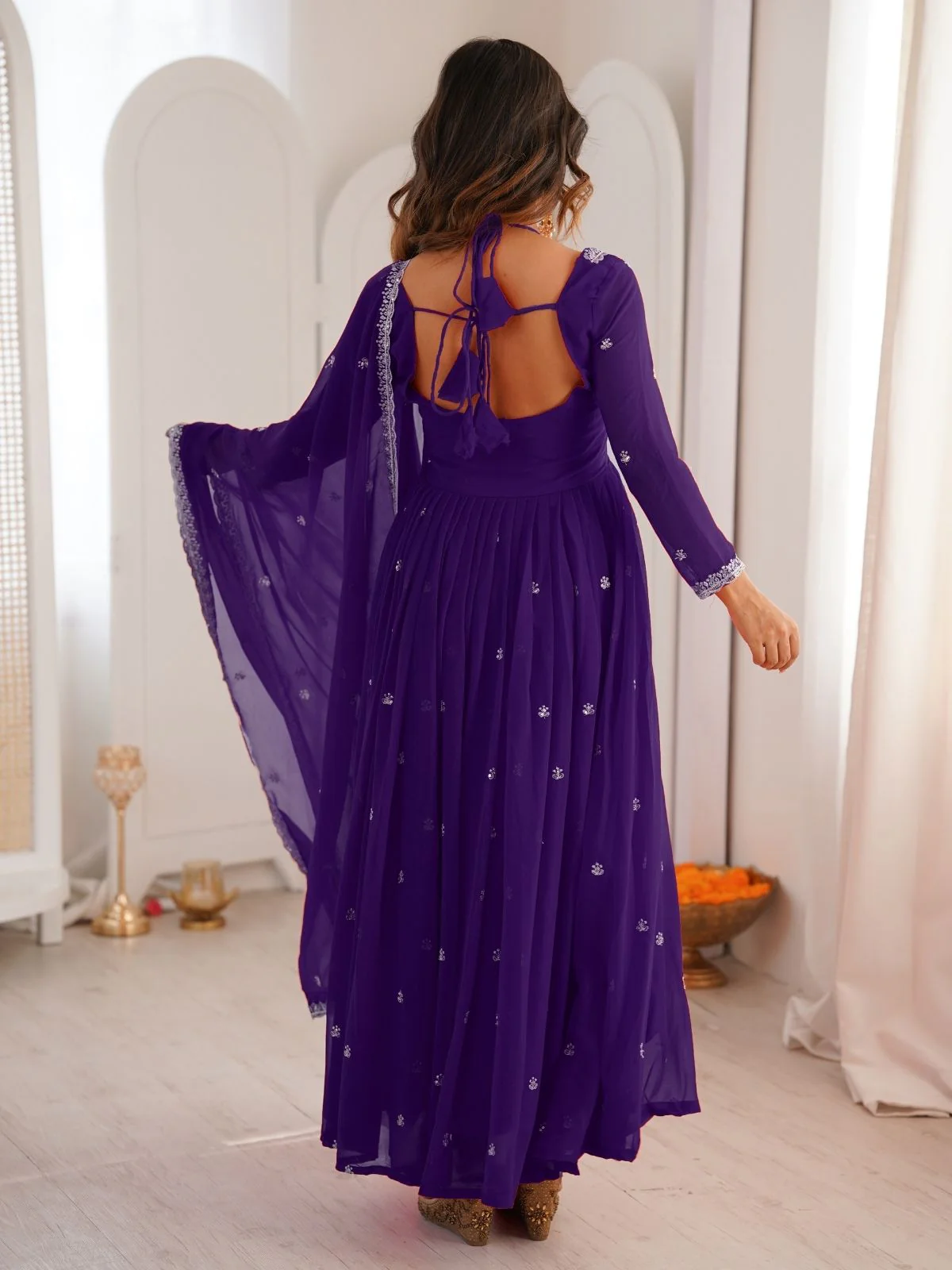 Odette Purple Georgette Sequins Embroidered Stitched Kurta Set For Women - Image 5