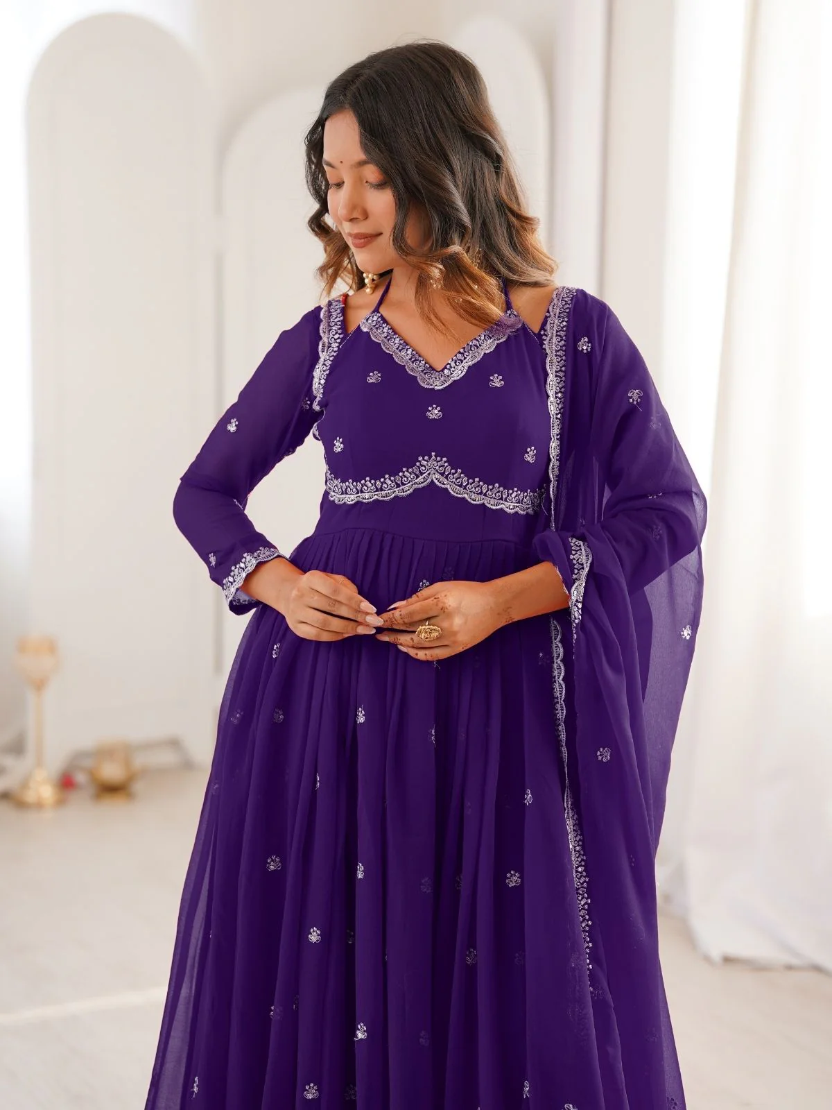 Odette Purple Georgette Sequins Embroidered Stitched Kurta Set For Women - Image 6