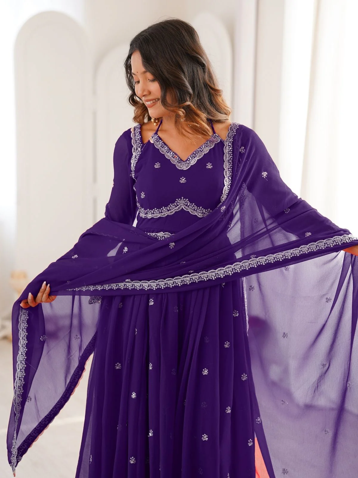 Odette Purple Georgette Sequins Embroidered Stitched Kurta Set For Women - Image 8