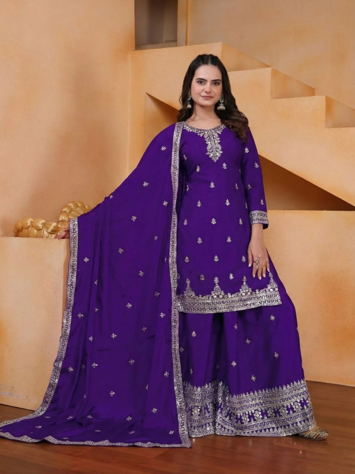 Odette Purple Georgette Solid Stitched Kurta Set For Women - Image 3
