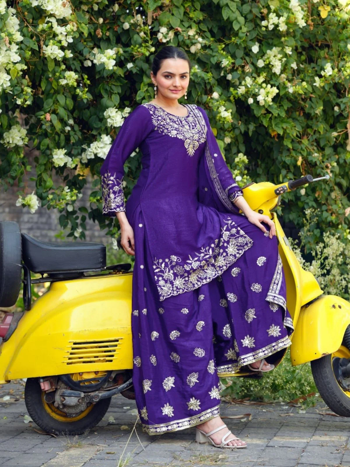 Odette Purple Georgette Solid Stitched Kurta Set For Women - Image 2