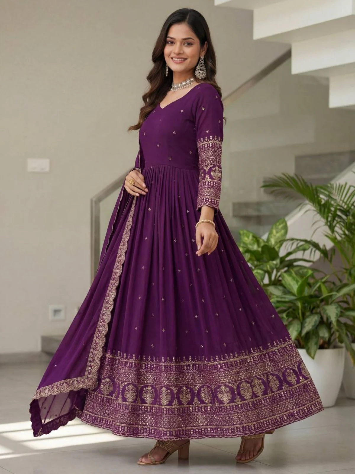 Odette Purple Georgette Solid Stitched Kurta Set For Women - Image 2