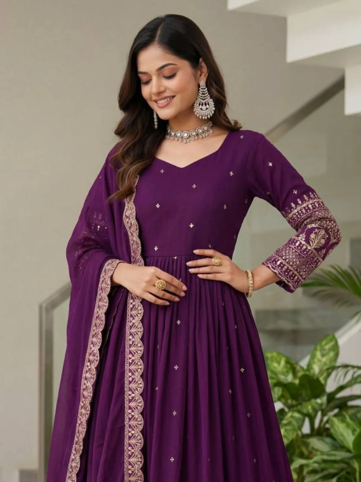 Odette Purple Georgette Solid Stitched Kurta Set For Women - Image 4