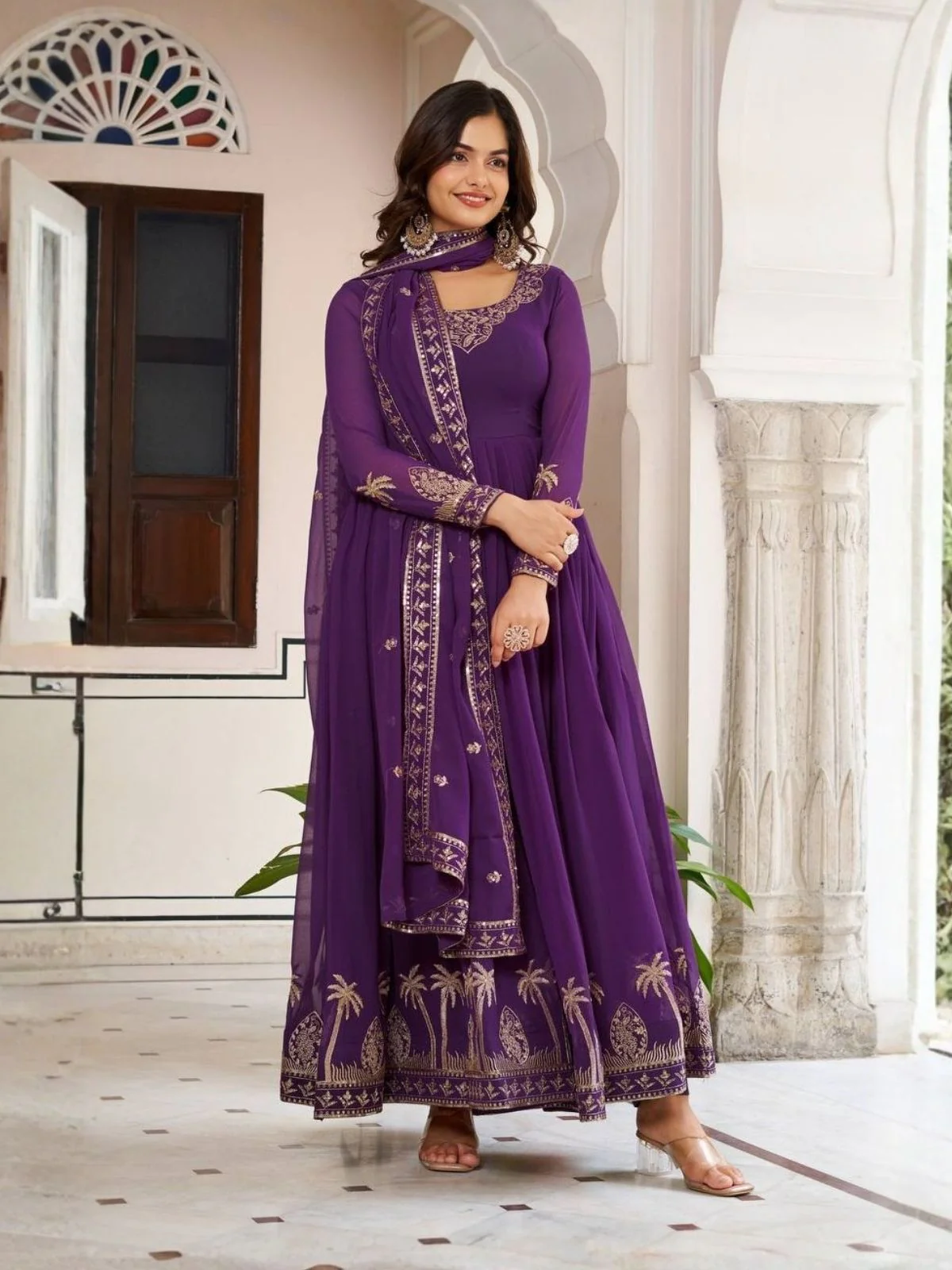 Odette Purple Georgette Solid Stitched Kurta Set For Women - Image 2