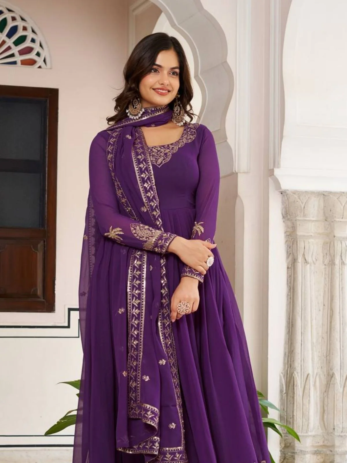 Odette Purple Georgette Solid Stitched Kurta Set For Women - Image 4
