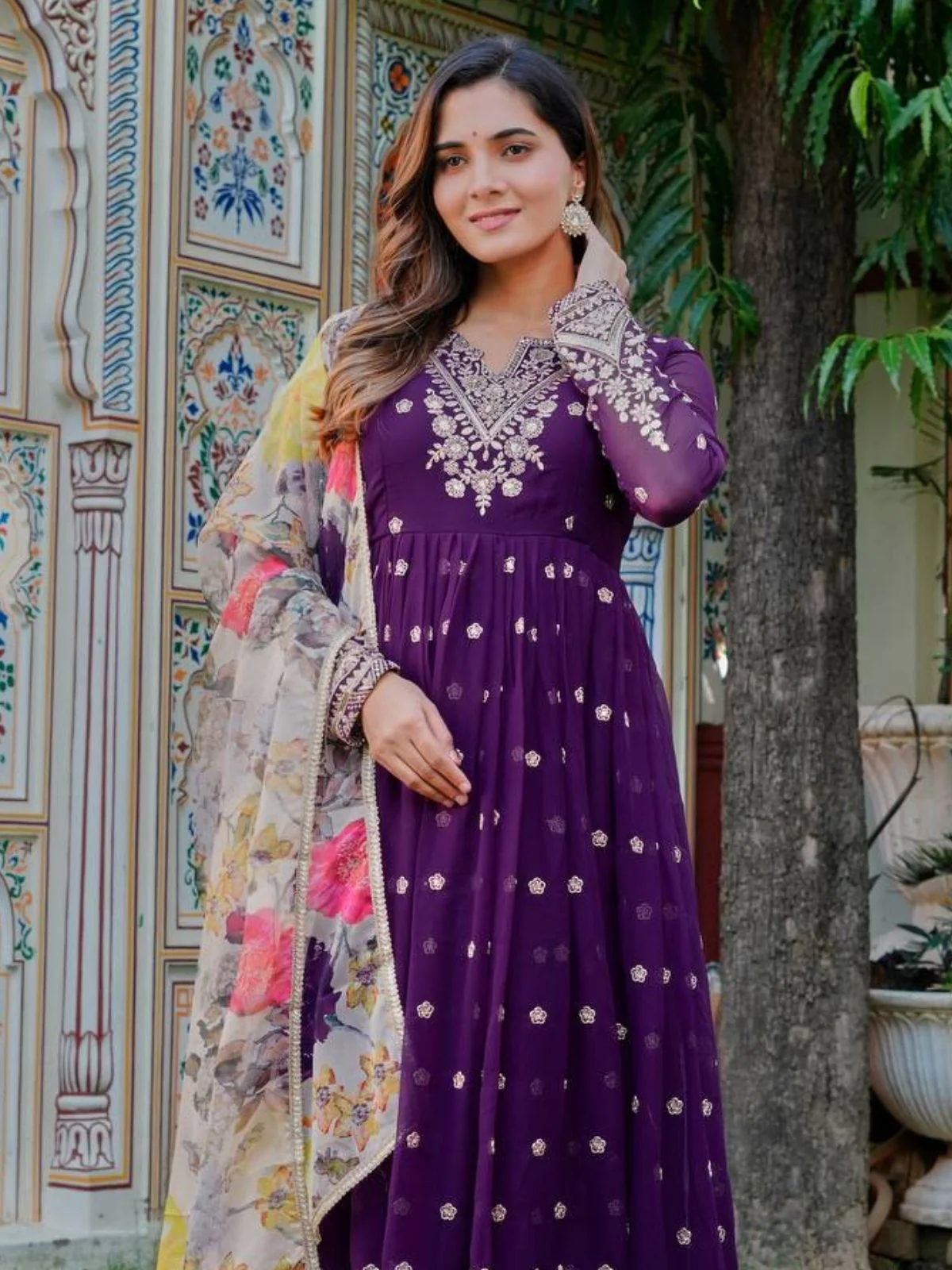 Odette Purple Georgette Solid Stitched Kurta Set For Women - Image 4