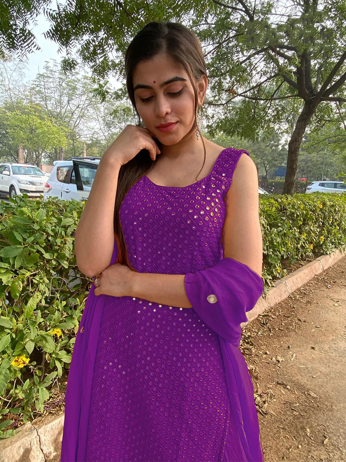 Odette Purple Georgette Stitched Kurta Set For Women - Image 2