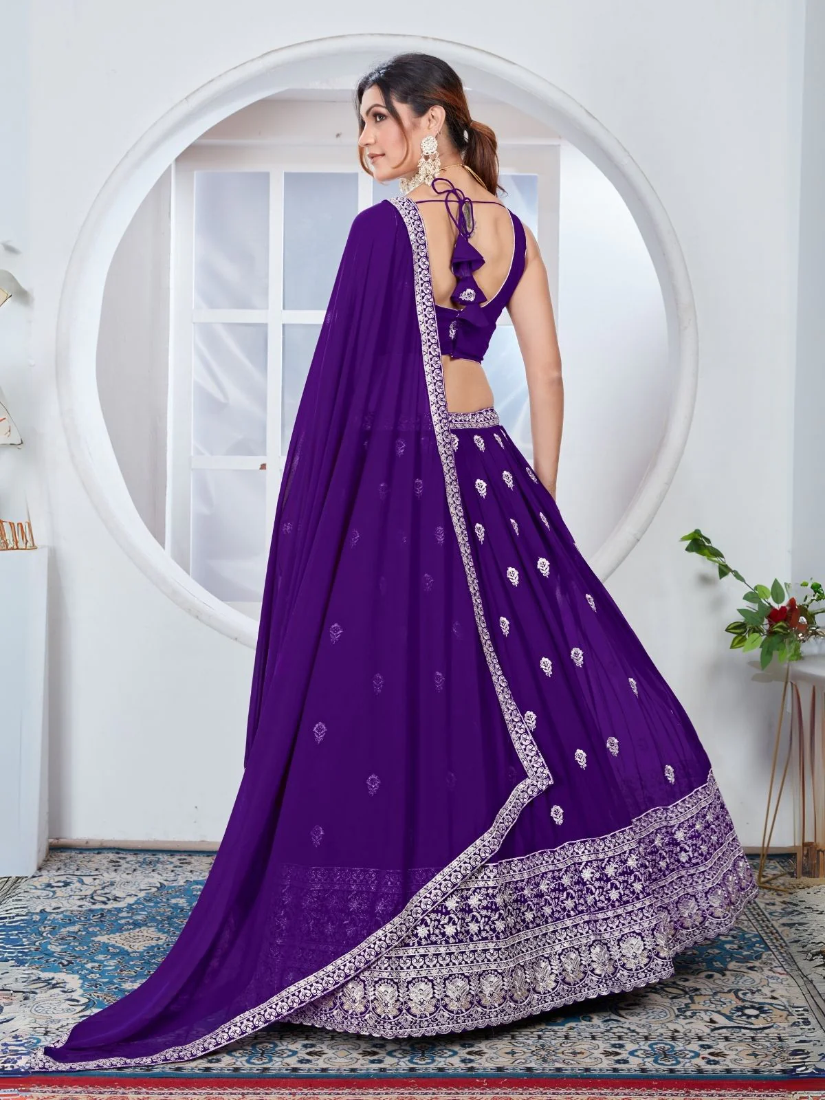 Odette Purple Georgette Thread Embroidered Semi-Stitched Lehenga For Women - Image 2