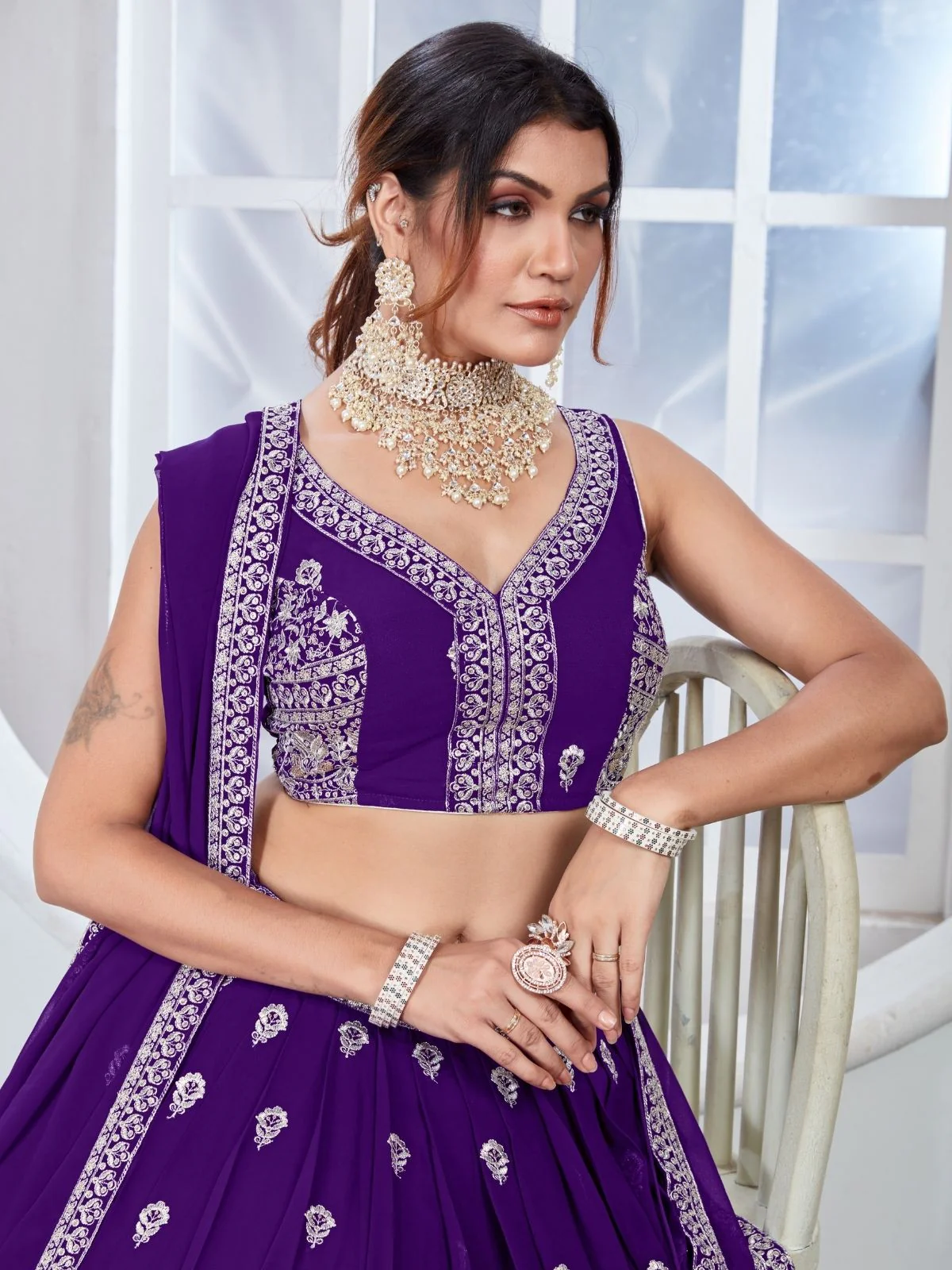 Odette Purple Georgette Thread Embroidered Semi-Stitched Lehenga For Women - Image 4