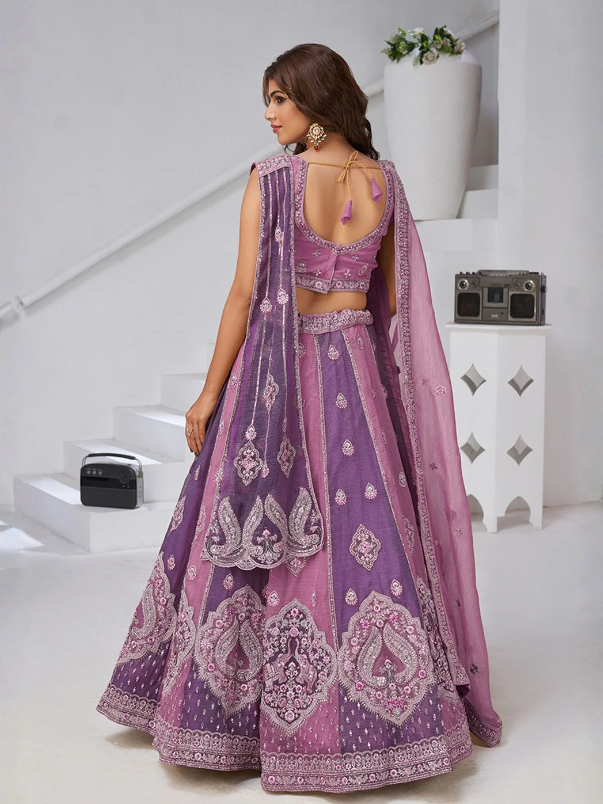 Odette Purple Georgette Tissue Embroidered Semi-Stitched Lehenga For Women - Image 2