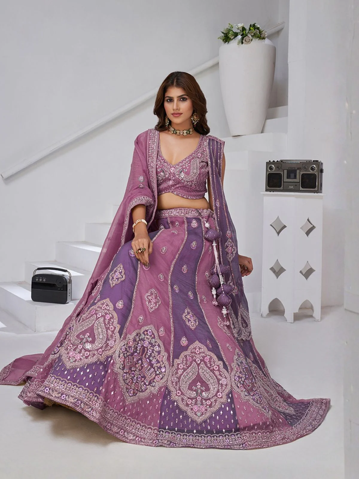 Odette Purple Georgette Tissue Embroidered Semi-Stitched Lehenga For Women - Image 3
